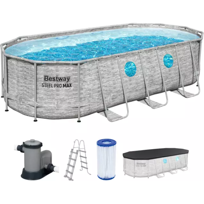 Каркасный бассейн BESTWAY POWER STEEL Ротанг 549х274х122см, 13430л + фильтр-насос 5678 л/ч, лестница, тент