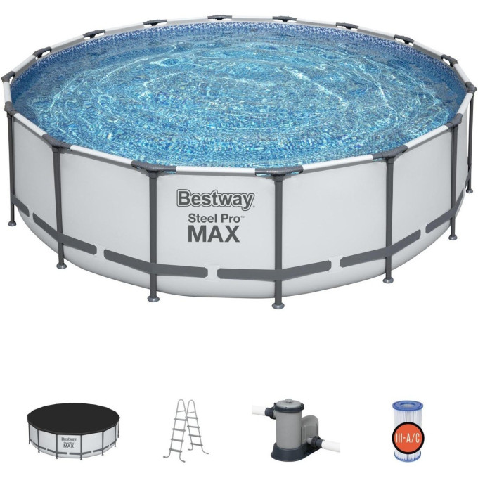 Каркасный бассейн BESTWAY STEEL PRO MAX 488х122см, 19480л + фильтр-насос 5678 л/ч, тент, лестница
